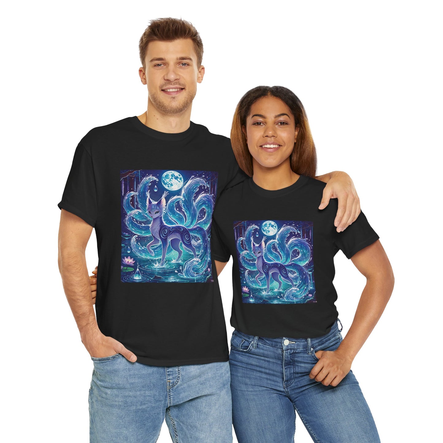 Blue Nine-Tailed Fox Tee – Mystical Anime Spirit Creature Shirt