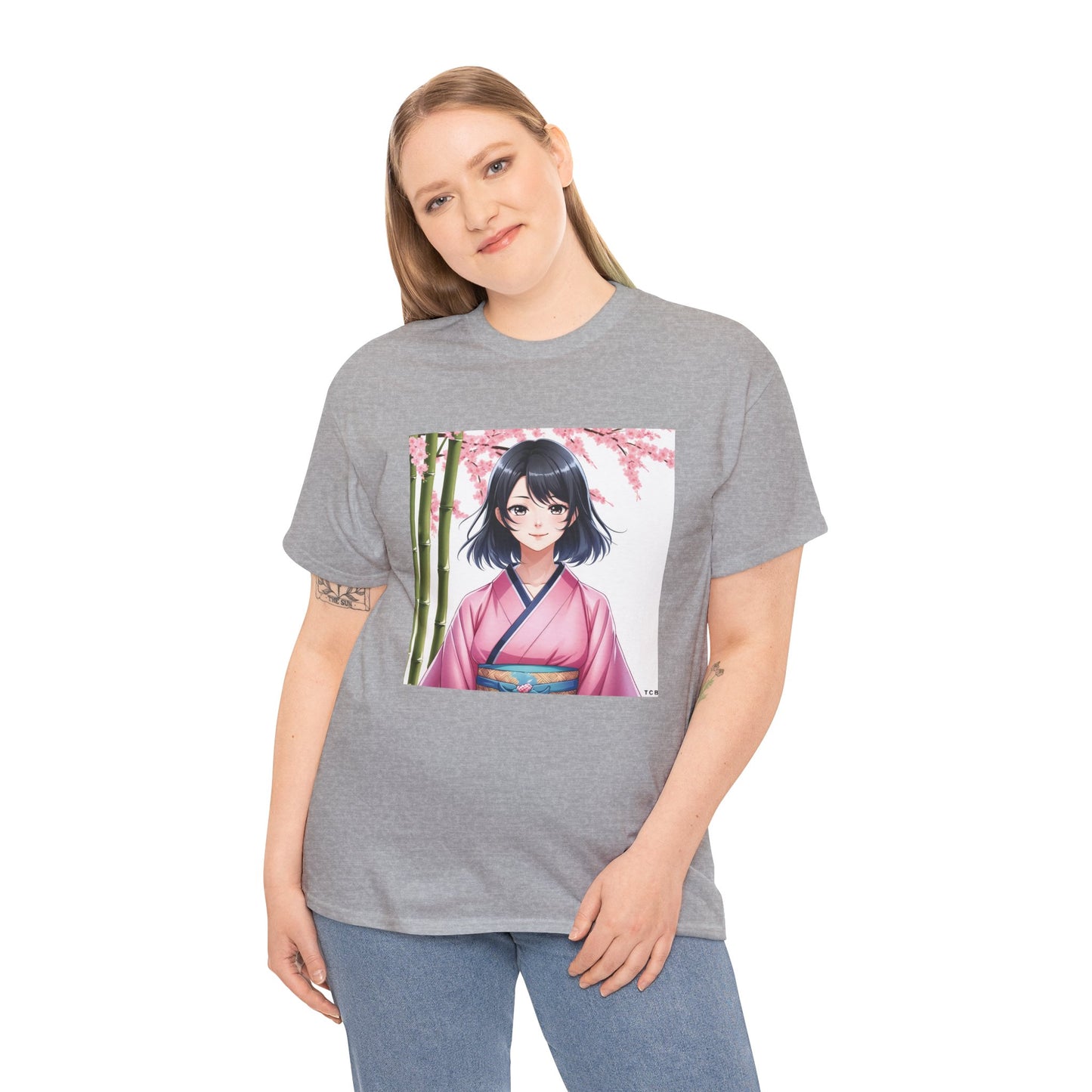 Anime Sakura Unisex Cotton Tee – Japanese Kimono Style Cherry Blossom Shirt