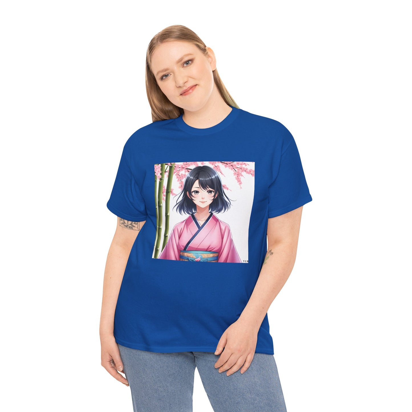 Anime Sakura Unisex Cotton Tee – Japanese Kimono Style Cherry Blossom Shirt