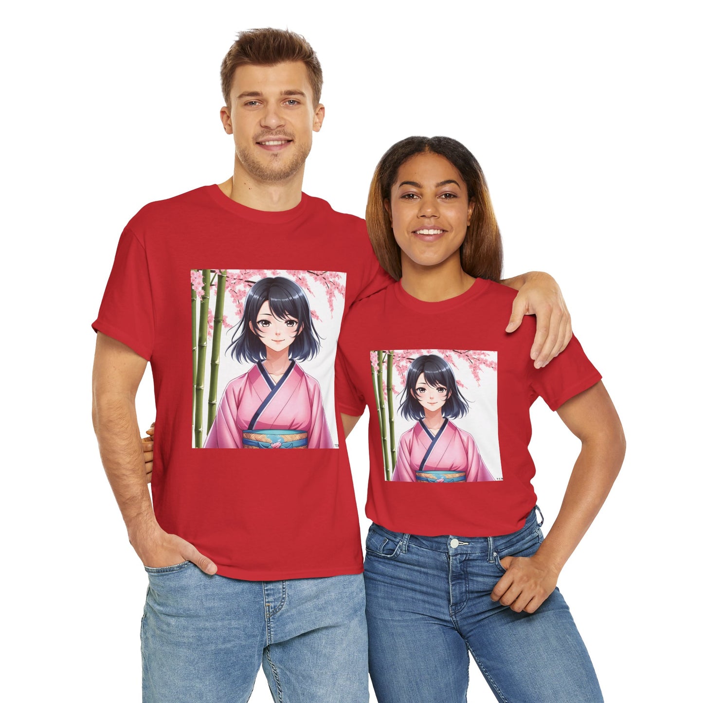 Anime Sakura Unisex Cotton Tee – Japanese Kimono Style Cherry Blossom Shirt
