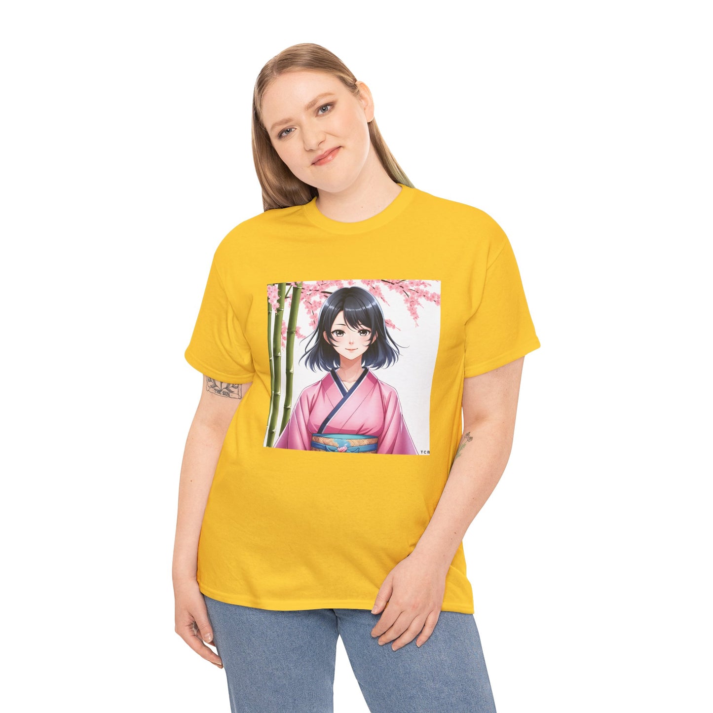 Anime Sakura Unisex Cotton Tee – Japanese Kimono Style Cherry Blossom Shirt