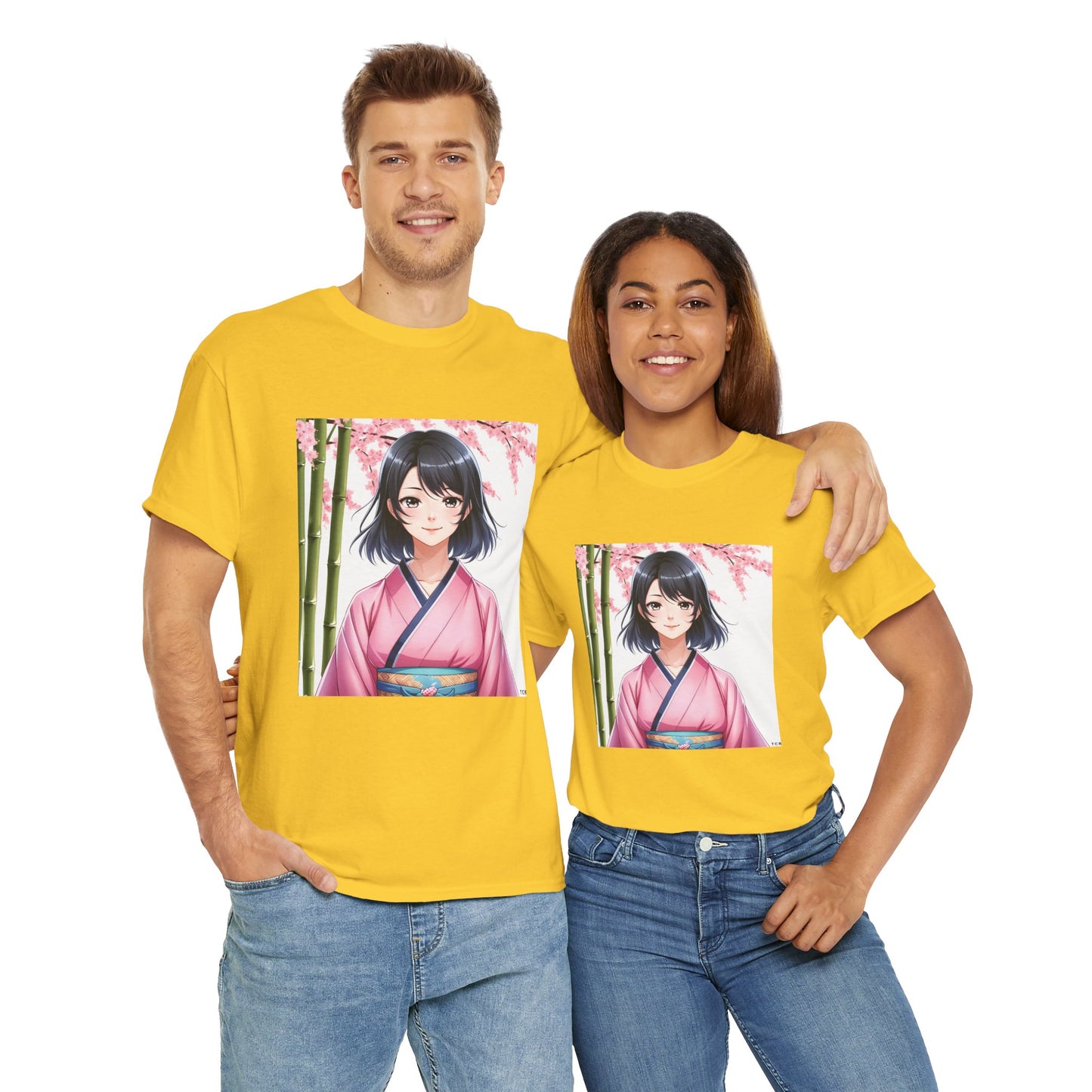 Anime Sakura Unisex Cotton Tee – Japanese Kimono Style Cherry Blossom Shirt