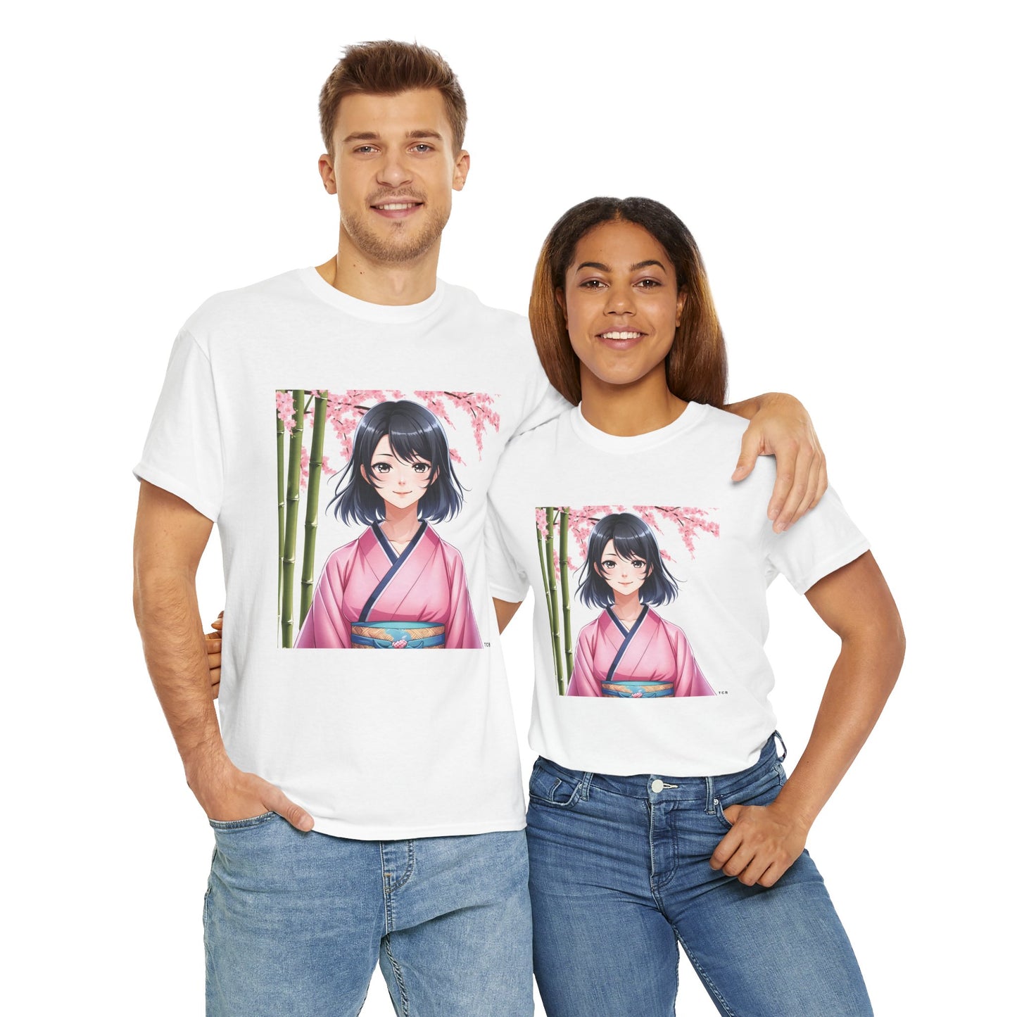 Anime Sakura Unisex Cotton Tee – Japanese Kimono Style Cherry Blossom Shirt
