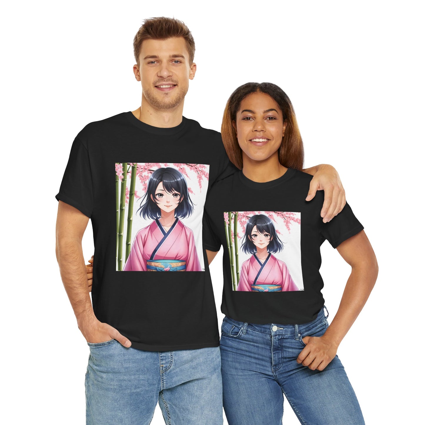 Anime Sakura Unisex Cotton Tee – Japanese Kimono Style Cherry Blossom Shirt