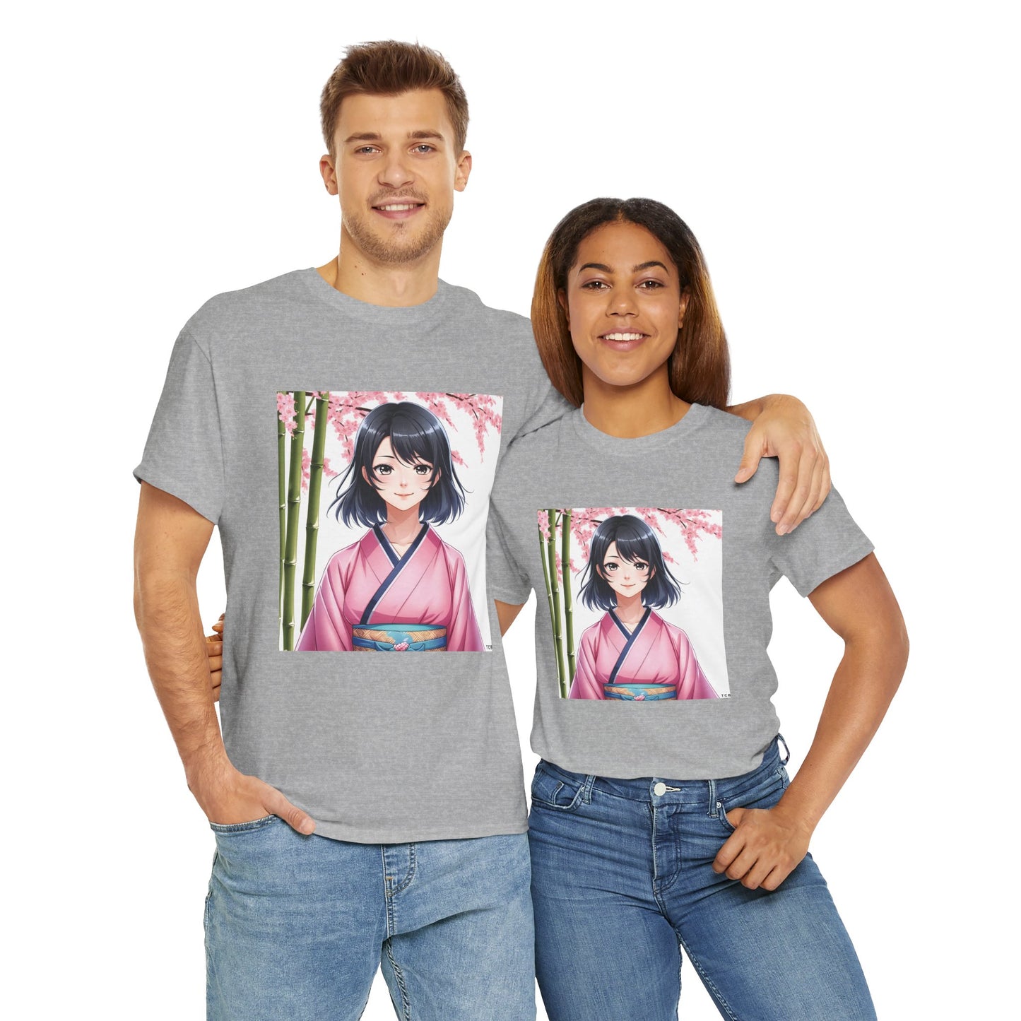 Anime Sakura Unisex Cotton Tee – Japanese Kimono Style Cherry Blossom Shirt