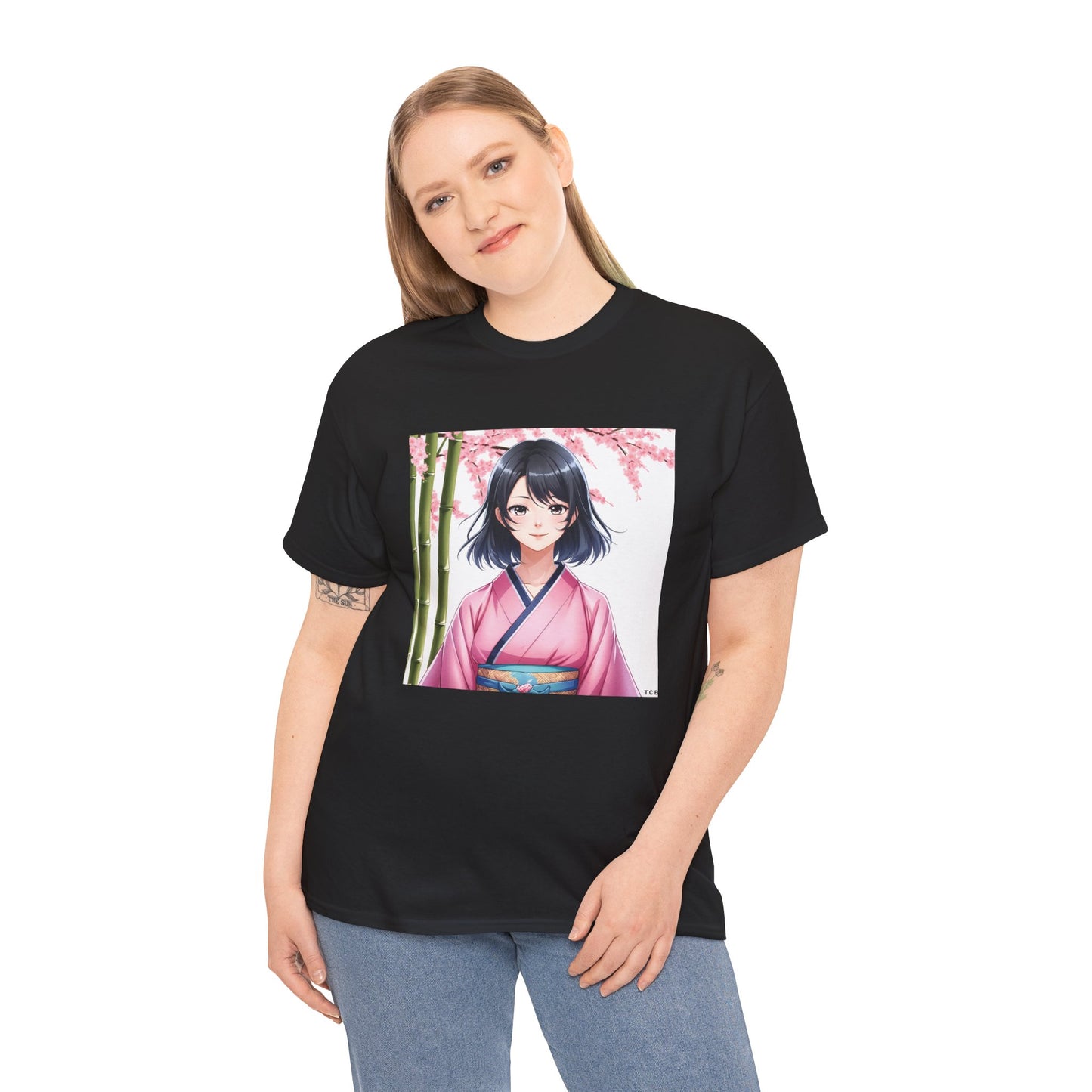 Anime Sakura Unisex Cotton Tee – Japanese Kimono Style Cherry Blossom Shirt