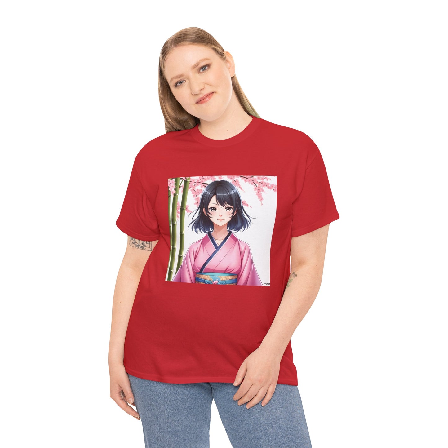 Anime Sakura Unisex Cotton Tee – Japanese Kimono Style Cherry Blossom Shirt