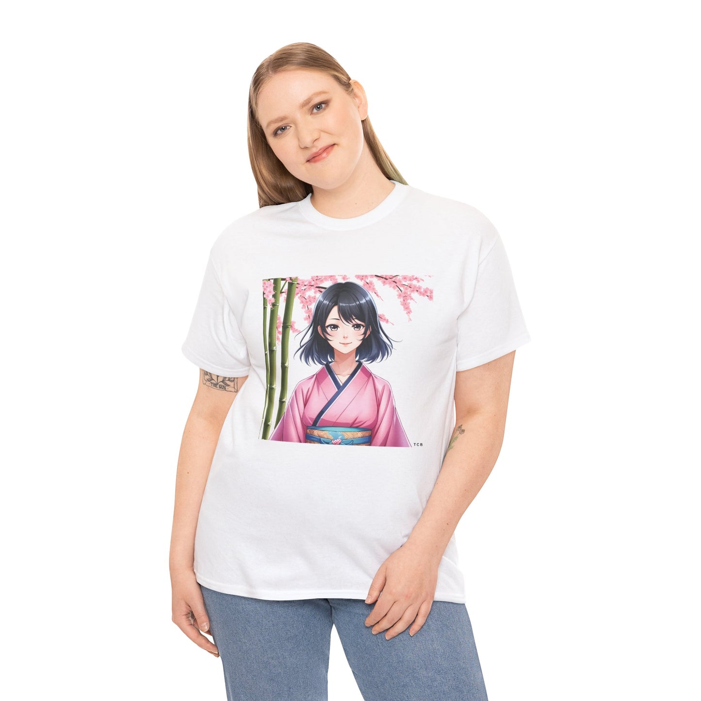 Anime Sakura Unisex Cotton Tee – Japanese Kimono Style Cherry Blossom Shirt