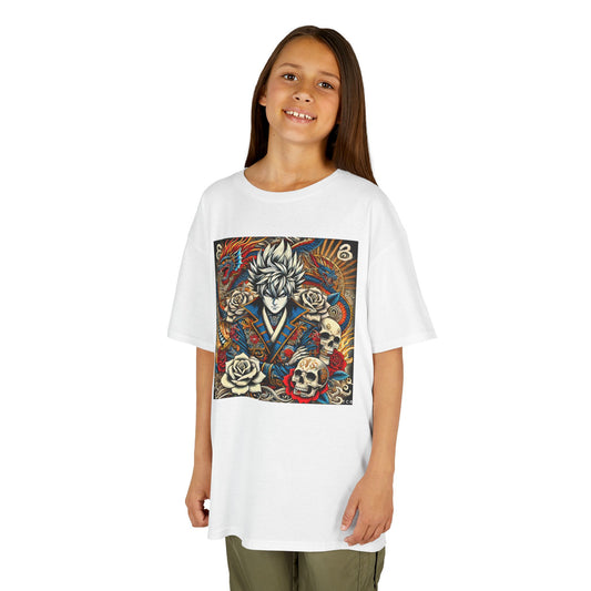 Kids Anime Pirate Tee – Dragon Skull & Roses Graphic Shirt